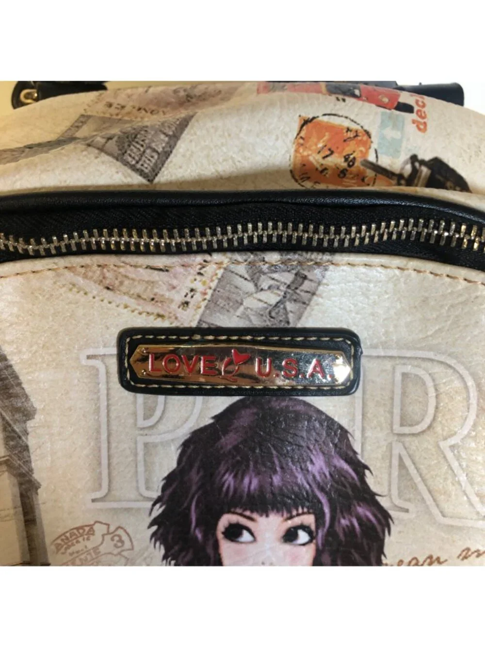Love Q USA Paris Print Backpack Laptop Pocket Girl Dog Illustration